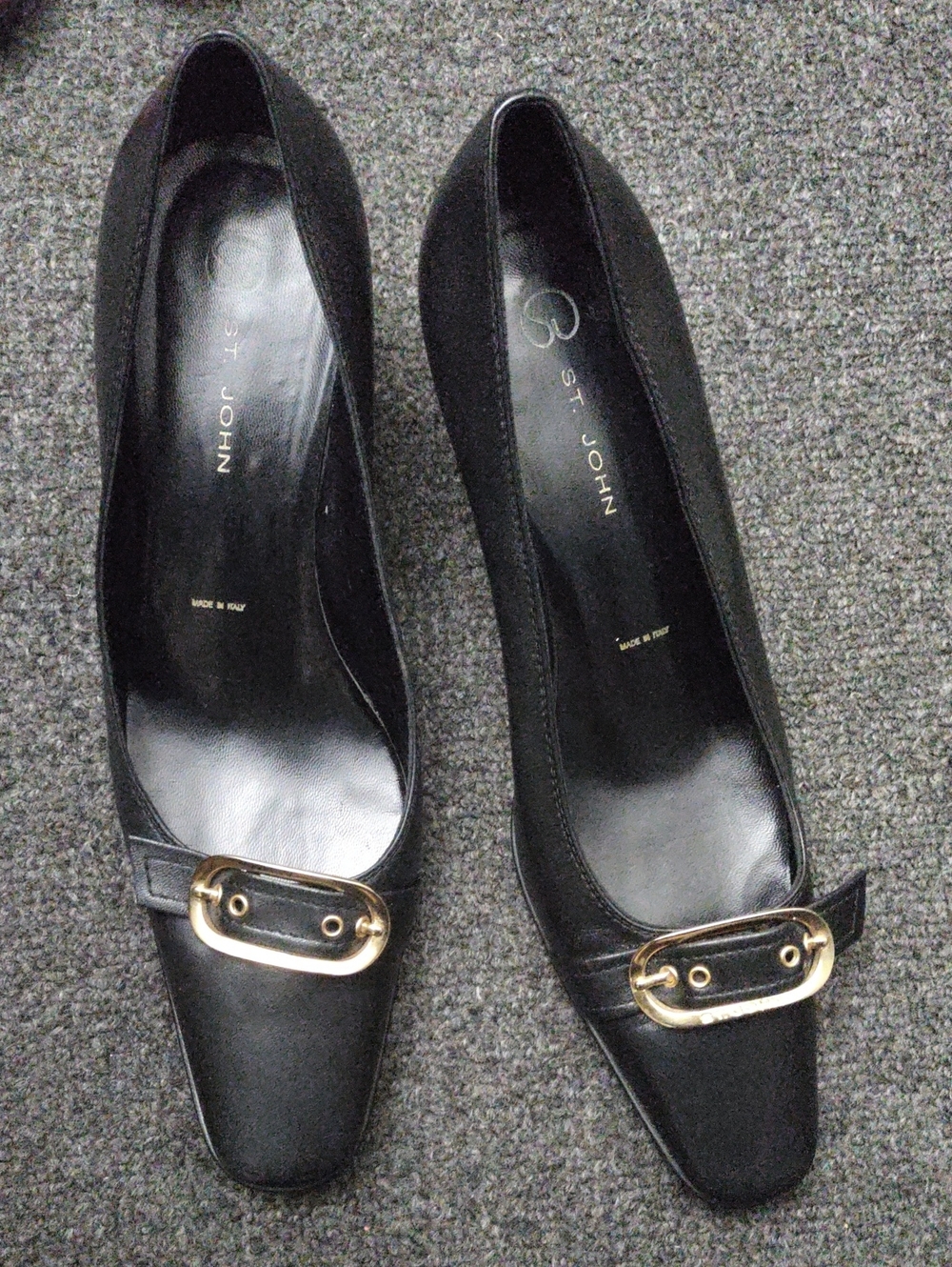 St. John Black Leather Heels with Gold Buckle